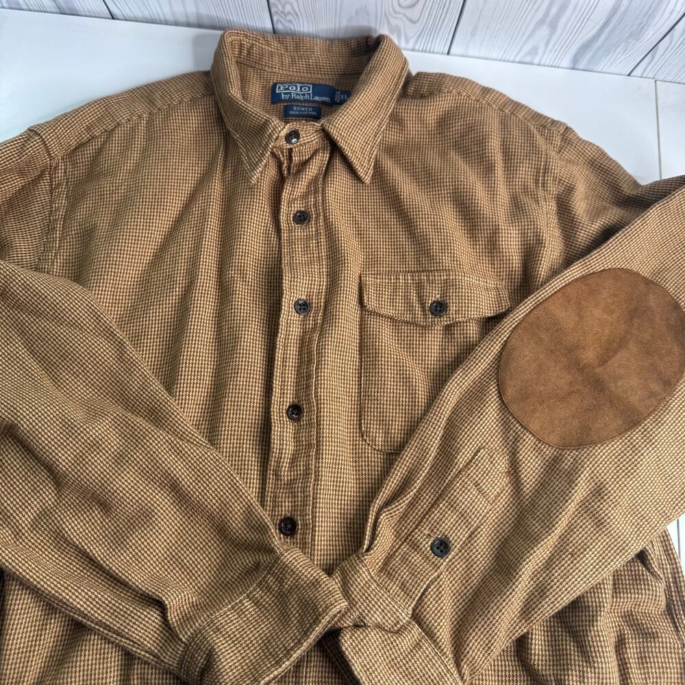 Polo Ralph Lauren Bowen Shirt Men’s XL Flannel Elbow Patches Herringbone 90s